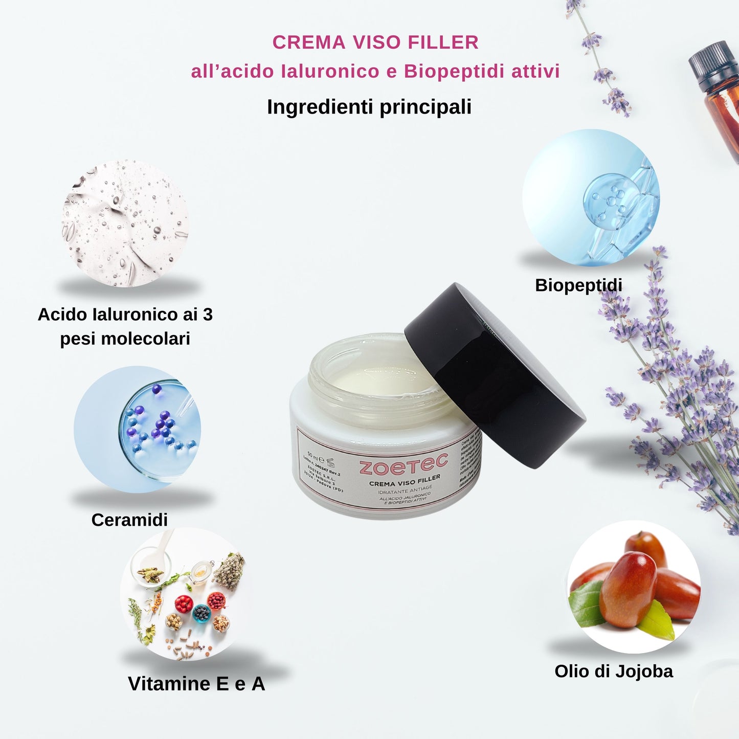 Crema Viso Antiage Effetto Filler con Acido Ialuronico e Biopeptidi - 50ml-