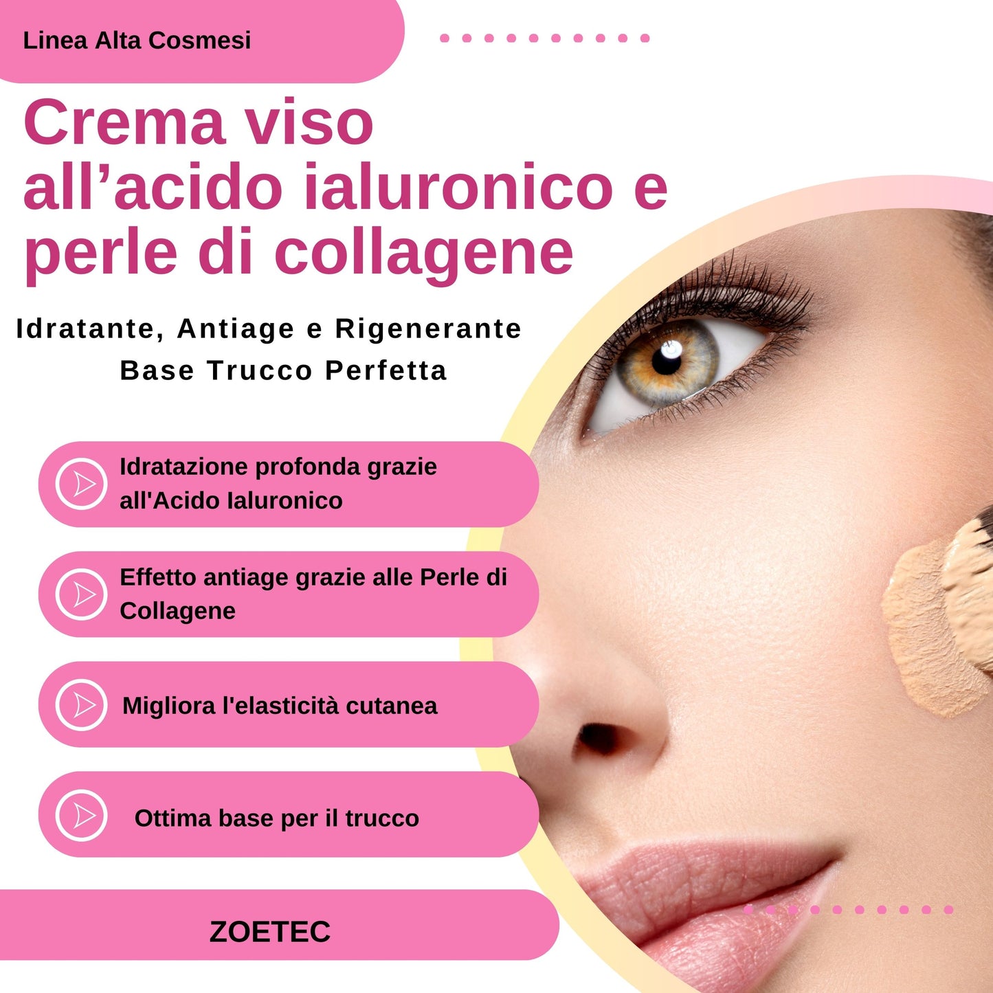 Crema Viso Idratante all'Acido Ialuronico e Perle di Collagene Ideale per base trucco 50ml