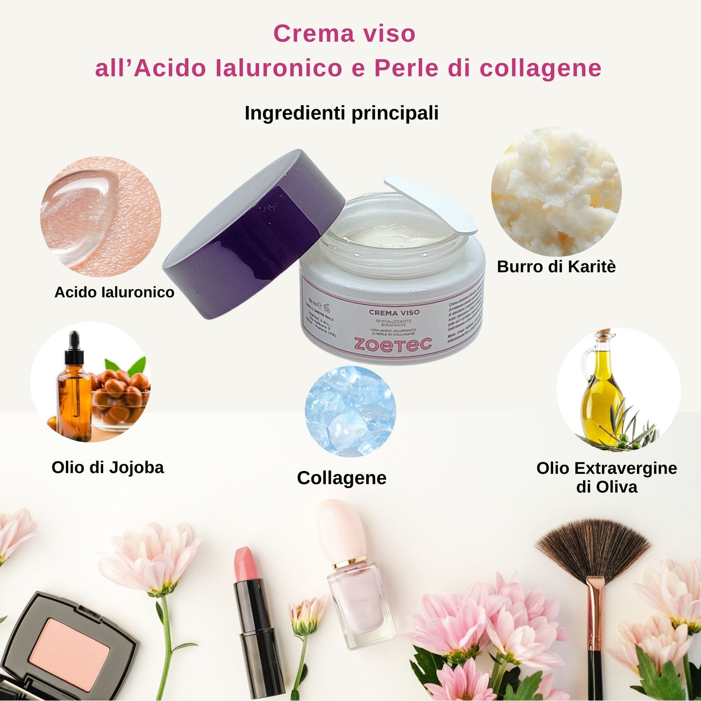 Crema Viso Idratante all'Acido Ialuronico e Perle di Collagene Ideale per base trucco 50ml