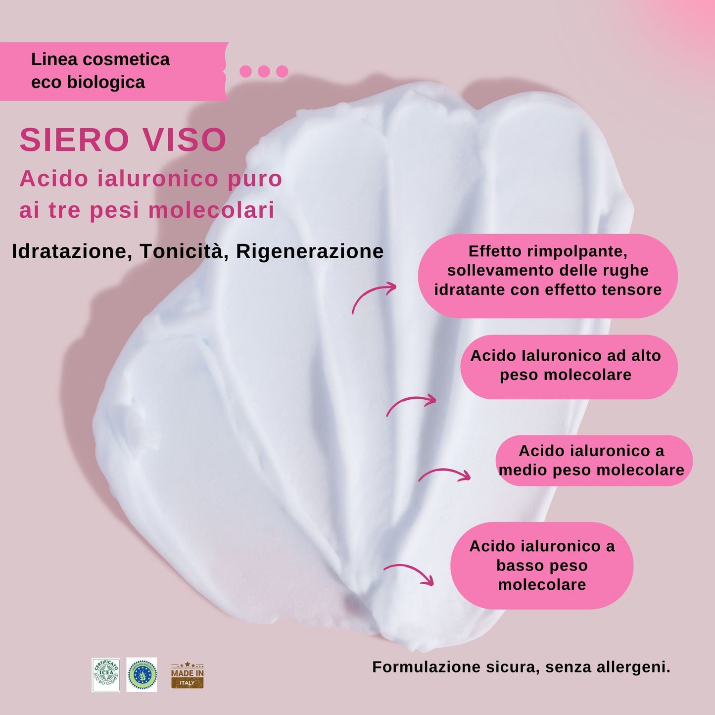 Siero viso acido Ialuronico puro a tre pesi molecolari -30ml