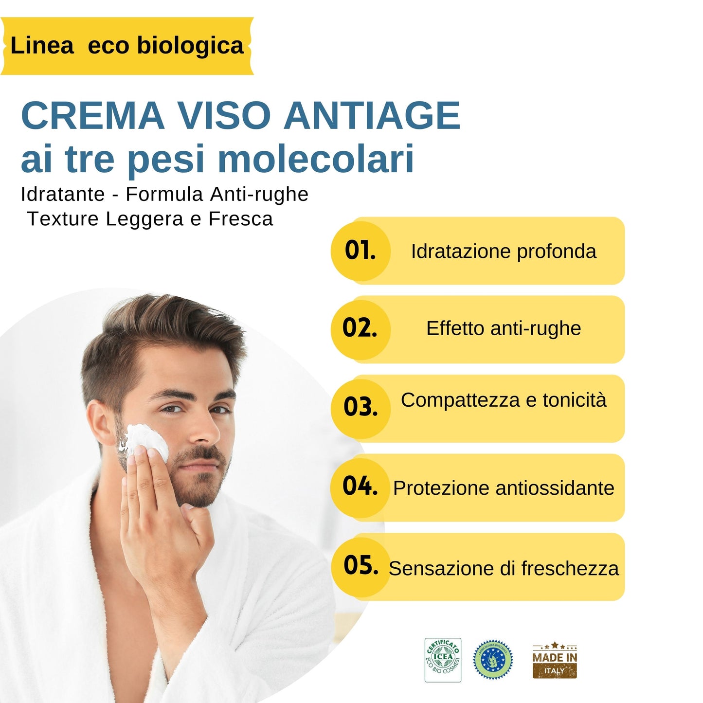 Crema Antiage Idratante Uomo con Acido Ialuronico ai tre pesi molecolari e Vitamina E - (50ml)