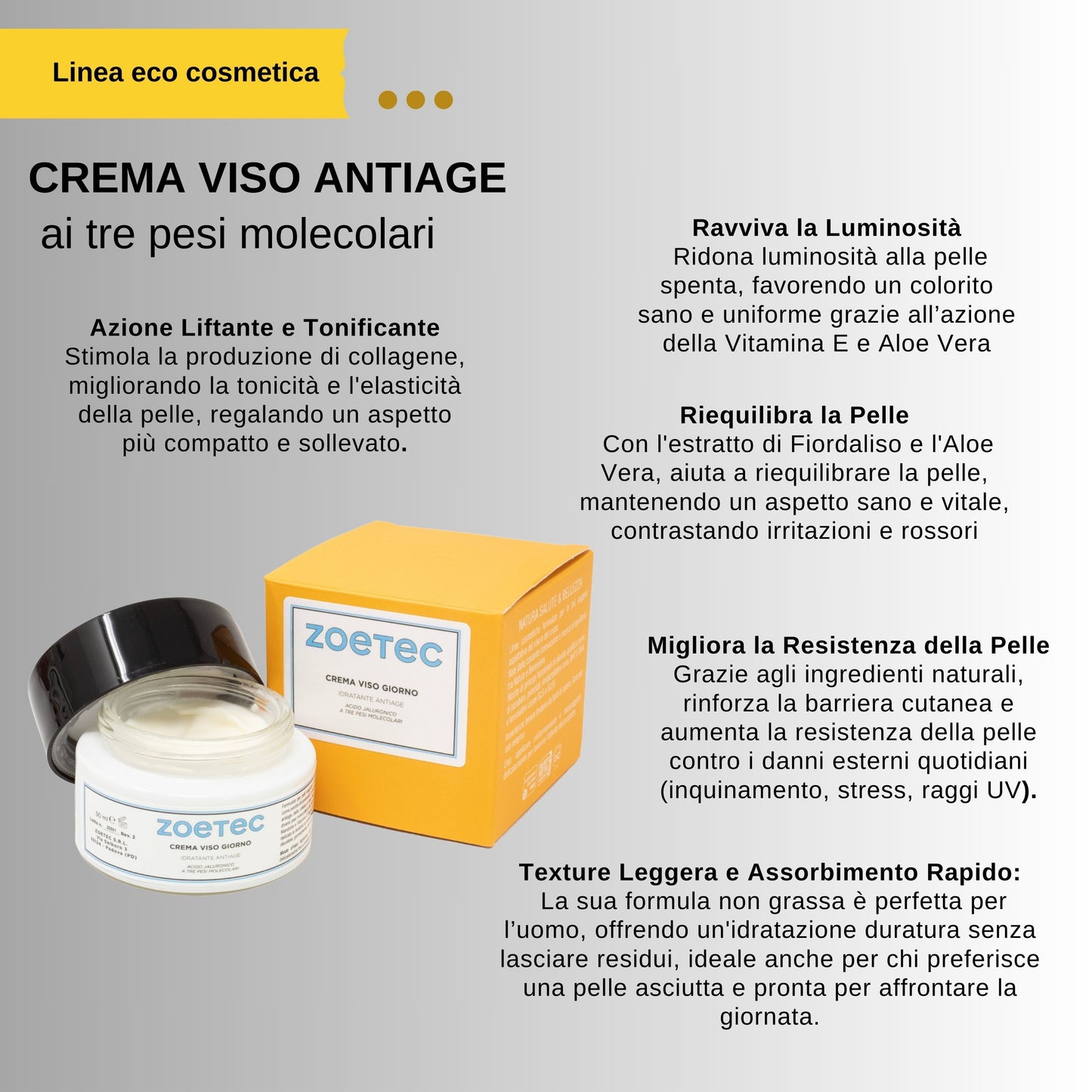 Crema Antiage Idratante Uomo con Acido Ialuronico ai tre pesi molecolari e Vitamina E - (50ml)