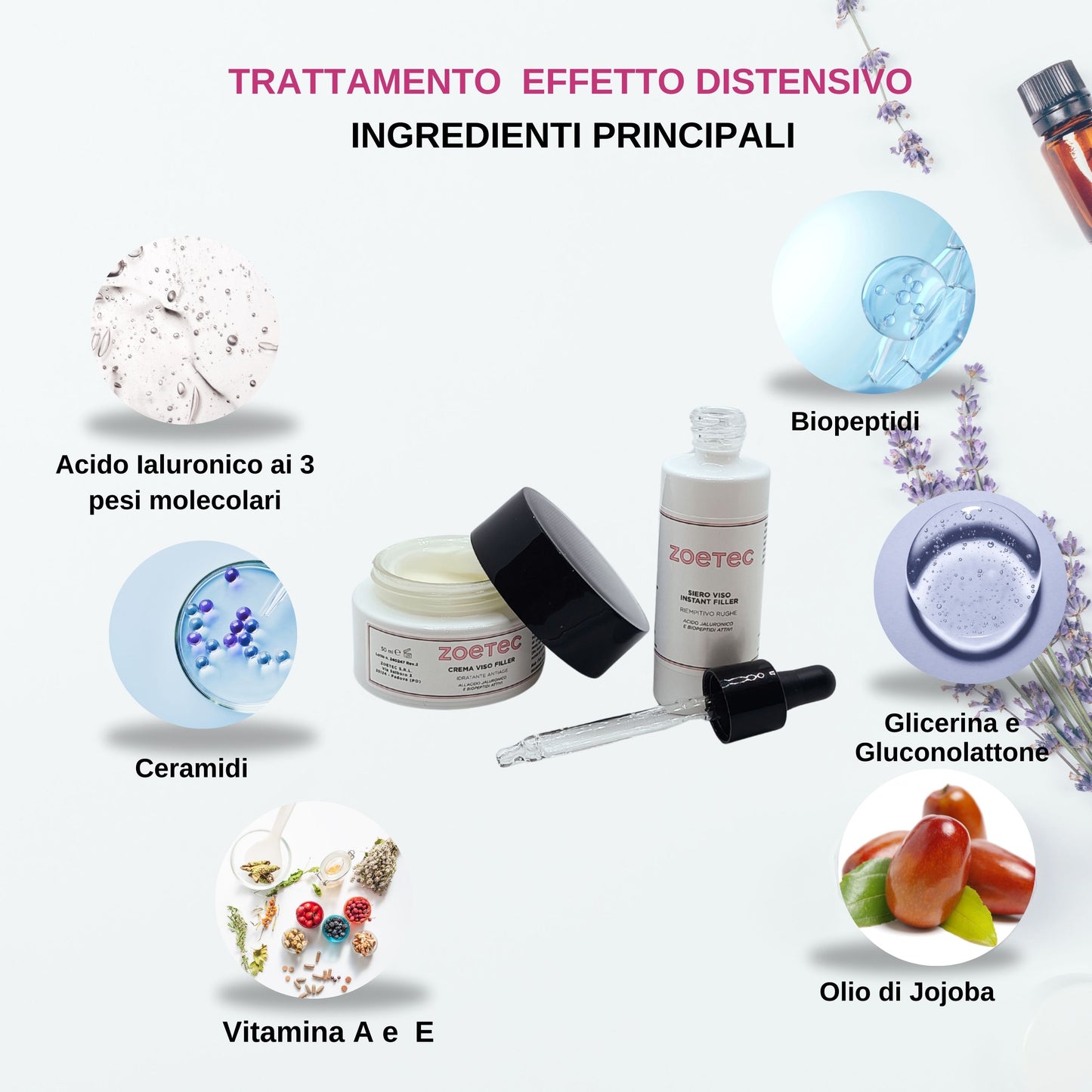 Trattamento Crema e Siero Viso Effetto Distensivo con Acido Ialuronico e Biopeptidi (crema 50 ml +siero 30ml)