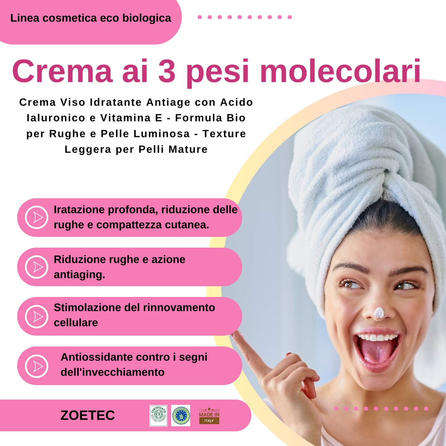 Crema Antiage Idratante con Acido Ialuronico ai tre pesi molecolari  e Vitamina E 50ml