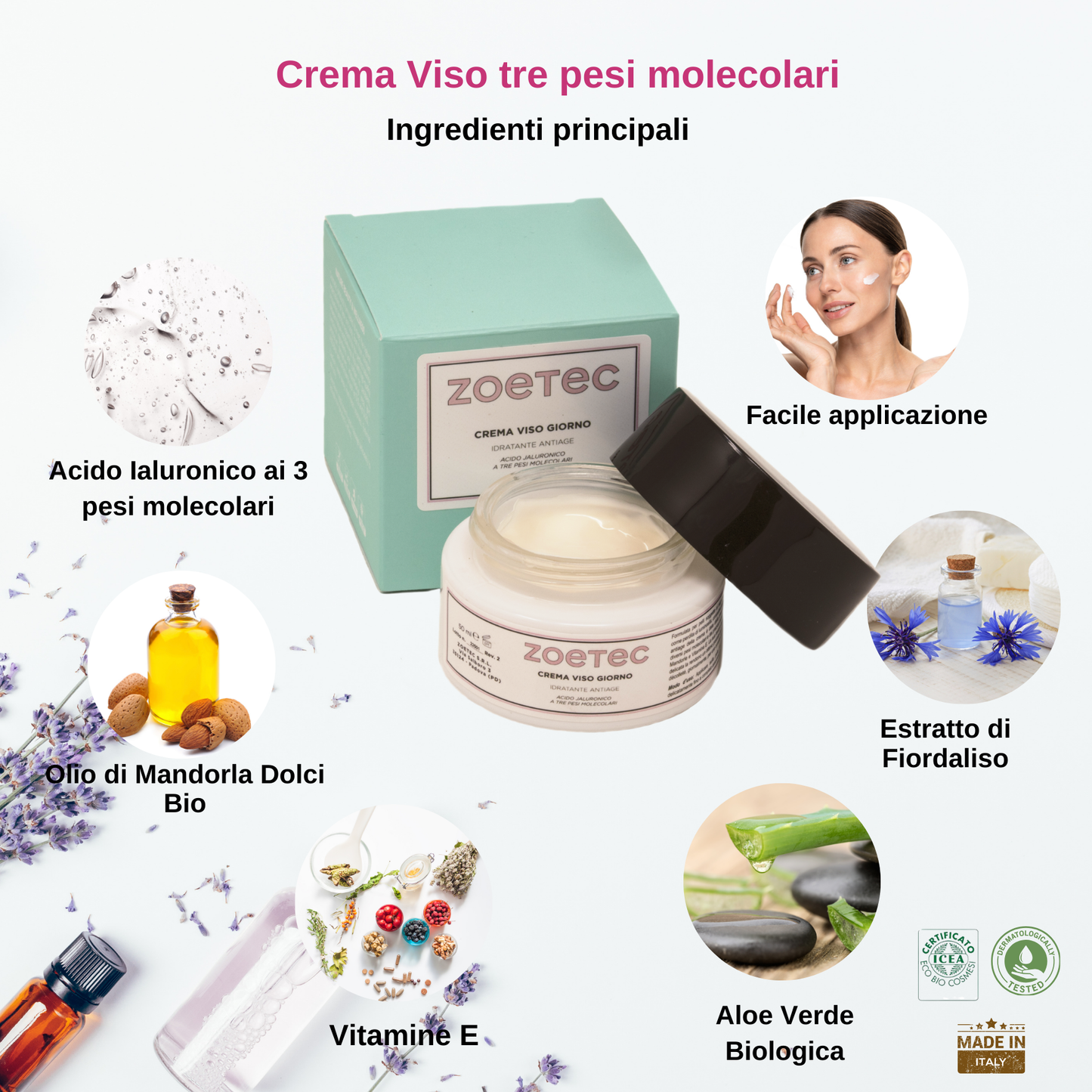 Crema Antiage Idratante con Acido Ialuronico ai tre pesi molecolari  e Vitamina E 50ml